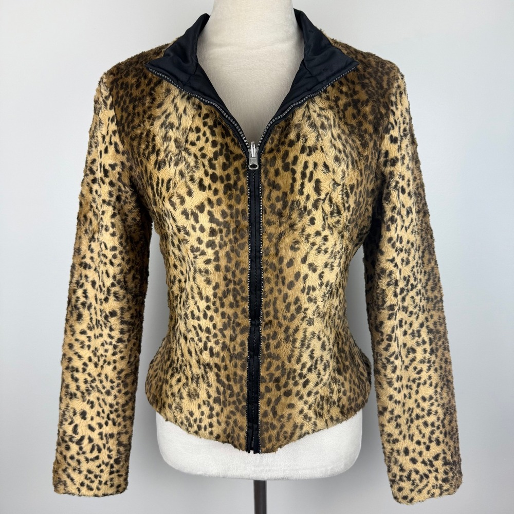 Y2K Leopard Print Faux Fur Rhinestone Zip Up Jacket Mock Neck Brown Black Small